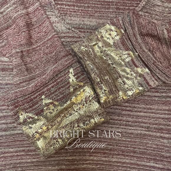 Brown Sweater Long Sleeve Gold Foiled Fold Back Cuffs ALT ASO Monica Lorelai - Picture 8 of 10